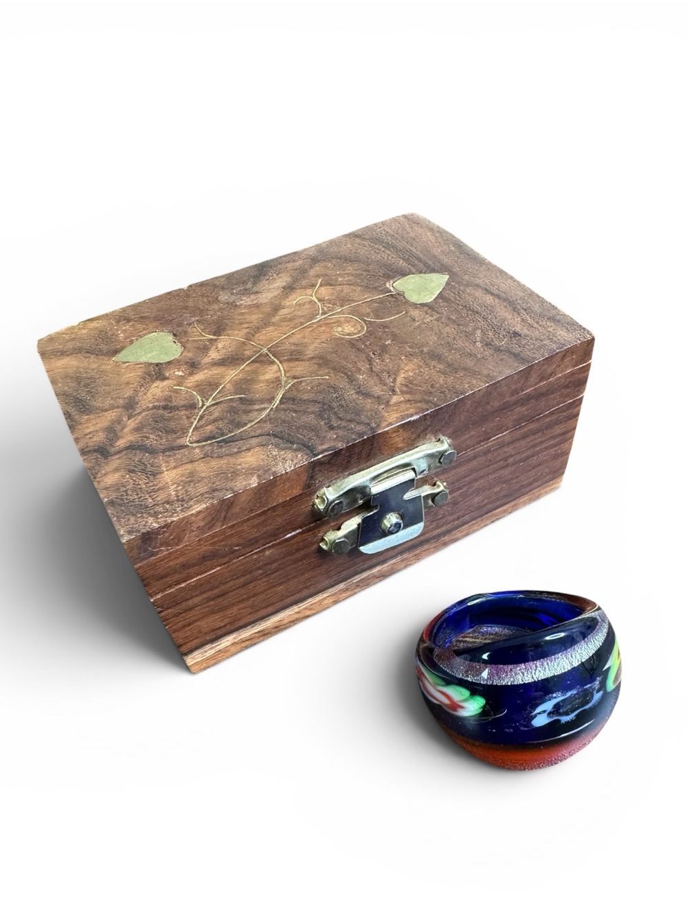 Art Glass Dome Ring - Murano Millefiori Style & Wood Trinket Box Brass Inlay
